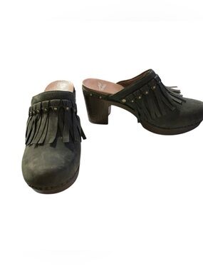 Dansko Deni Studded Fringe Clog Mule Olive Green Suede Size 38 (8 US)